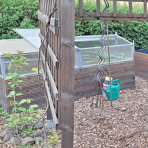 Ein hölzernes Hochbeet mit einem Frühbeet-Aufsatz und eine grüne Gießkanne stehen im Garten bereit.